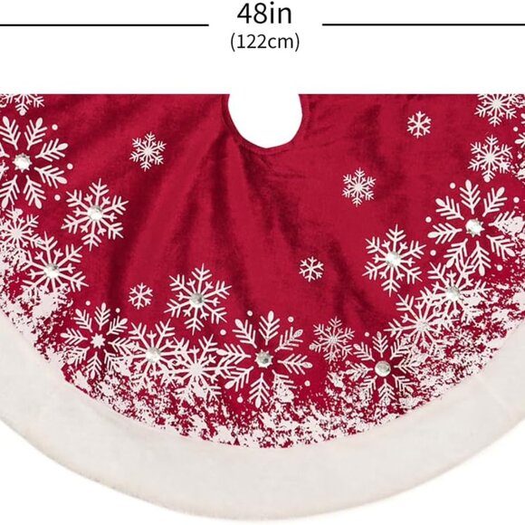 Christmas Tree Skirt Snowflakes Tree Blanket Holiday Red & White 48" Diameter - Picture 2 of 6